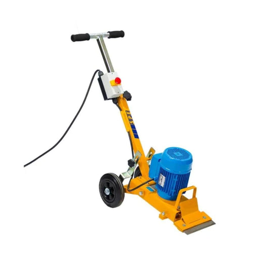 The Bartell 9" Electric Walk Behind Scraper's large diameter wheels for improved mobility and stability