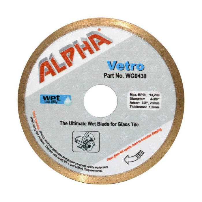 Alpha Vetro Wet Glass Tile Blade, designed for high-speed wet cutting of glass materials, offers precision and durability. Its smooth continuous diamond rim and optimal bond hardness minimize chipping, making it perfect for glass contractors and home remodelers.