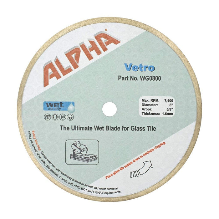 Alpha Vetro Wet Glass Tile Blade, designed for high-speed wet cutting of glass materials, offers precision and durability. Its smooth continuous diamond rim and optimal bond hardness minimize chipping, making it perfect for glass contractors and home remodelers.
