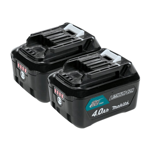 2 Pack of Makita 12V max CXT® Lithium-Ion 4.0Ah Battery Pack with integrated LED battery charge level indicator. Compact and lightweight design for use with Makita power tools. Only compatible with Makita DC10WD and DC10SB chargers. Includes a 3-year limited warranty.