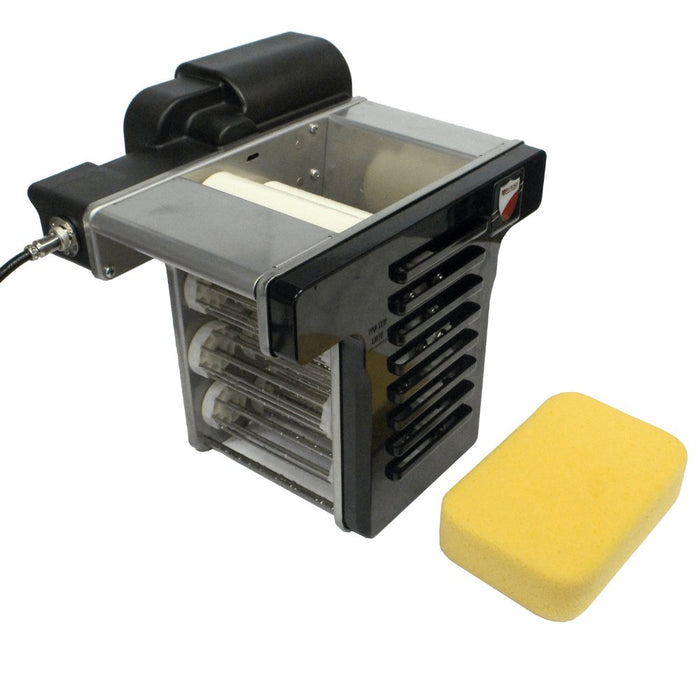 Squeeze-EZ Automatic Sponge Machine mounted on a standard 5-gallon bucket can be  mounted a standard 5 gallon bucket
