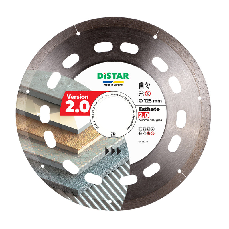 A diamond cutting blade with a label indicating it is for ceramic and porcelain tiles, with a size of 115/125mm diameter and 22.23mm bore diameter.