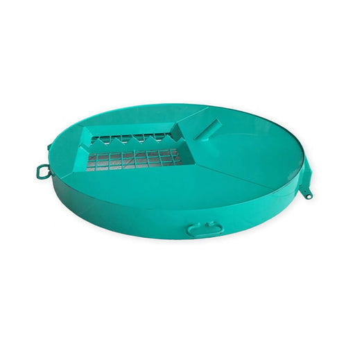 Green heavy duty mixing barrel dust control lid with built in grate and bag splitter for tile mortar mixing