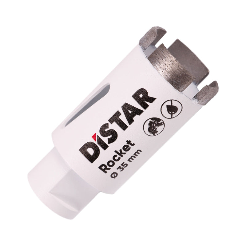 A white segmented diamond drill bit with the brand name Distar written on it.