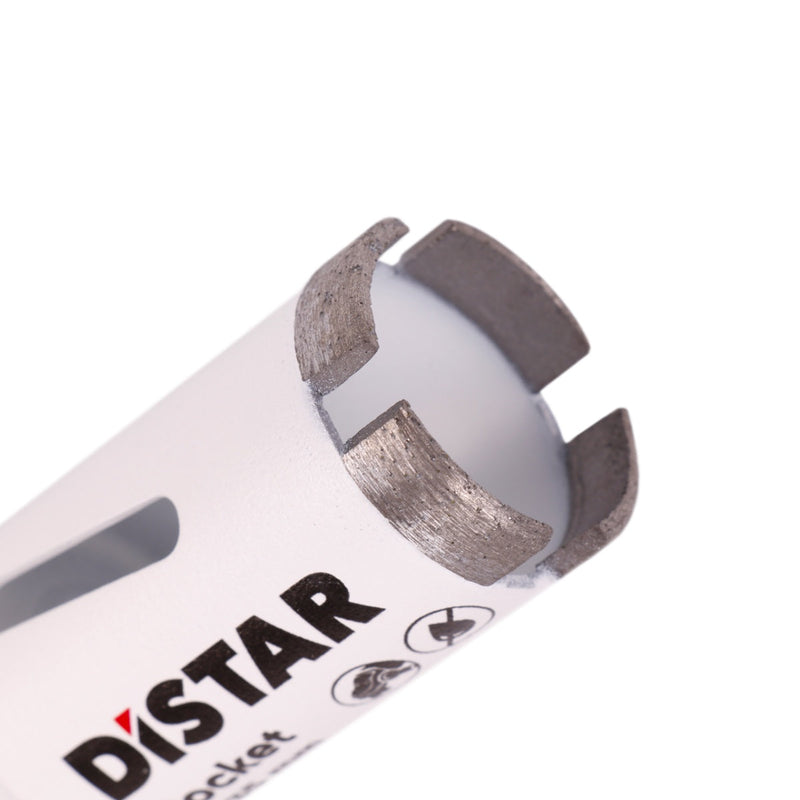 Close-up of a diamond drill bit with a white sleeve labeled 'DISTAR'.