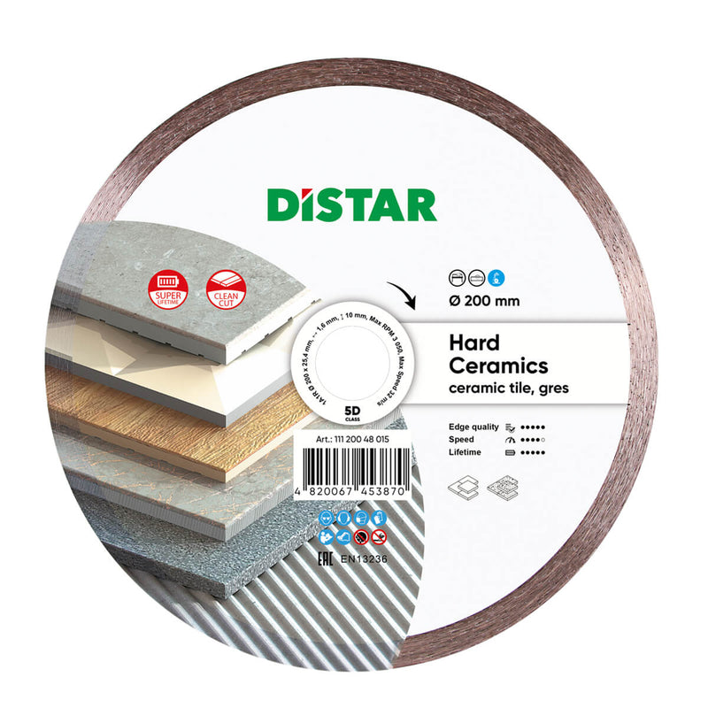 Distar diamond wheel for hard ceramics with sample tiles on a white background