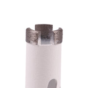Close-up of a diamond core drill bit on a white background