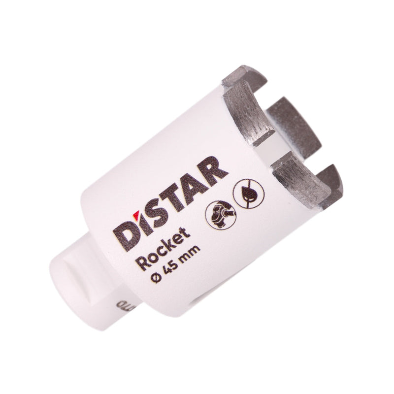 A white segmented diamond drill bit with the brand name Distar written on it.