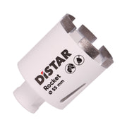 A white segmented diamond drill bit with the brand name Distar written on it.