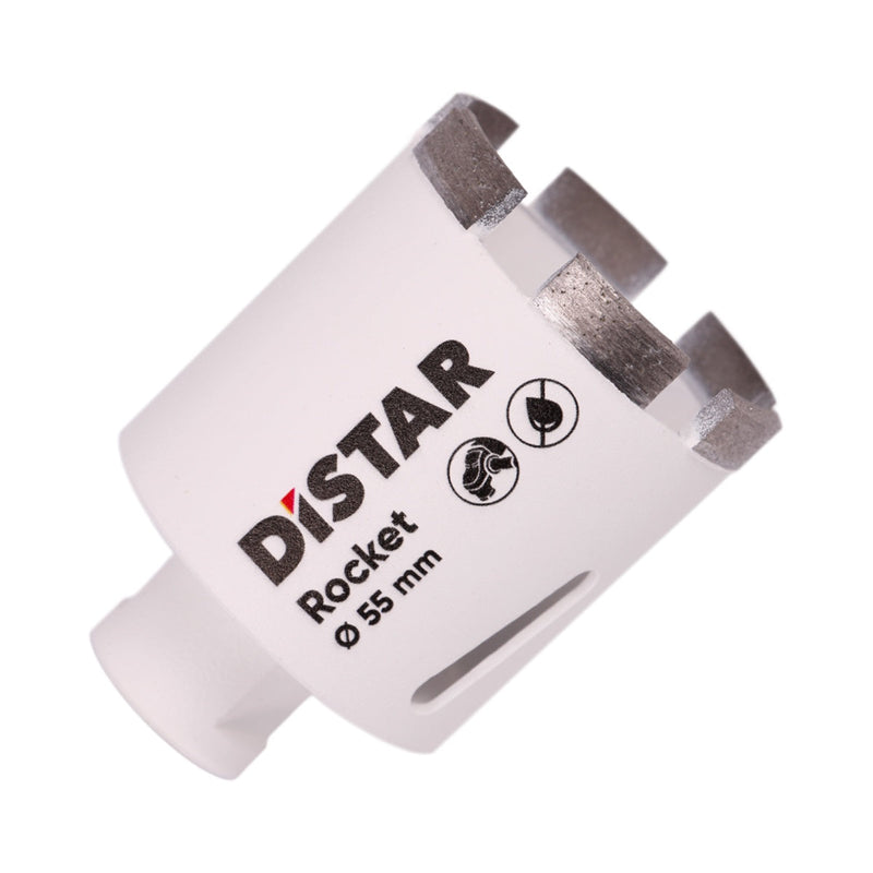 A white segmented diamond drill bit with the brand name Distar written on it.