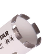 Close-up of a diamond-tipped drill bit on a white background
