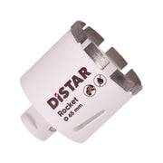 A white segmented diamond drill bit with the brand name Distar written on it.