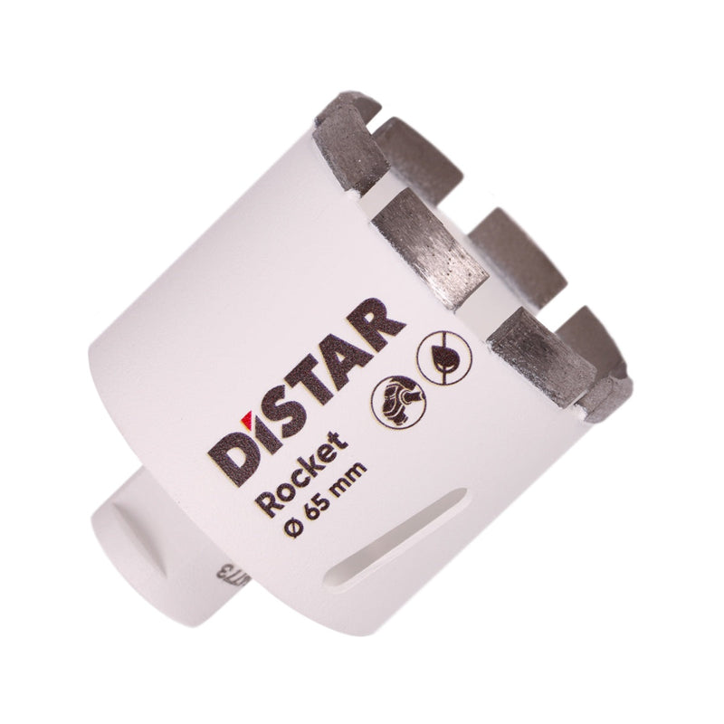A white segmented diamond drill bit with the brand name Distar written on it.