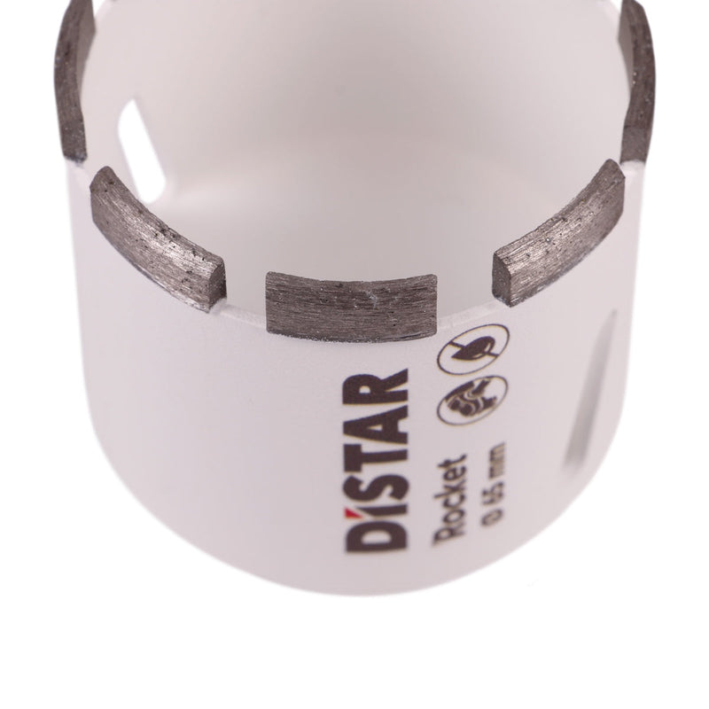 Close-up of a diamond drill bit with branded label on a white background.