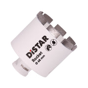 A white segmented diamond drill bit with the brand name Distar written on it.
