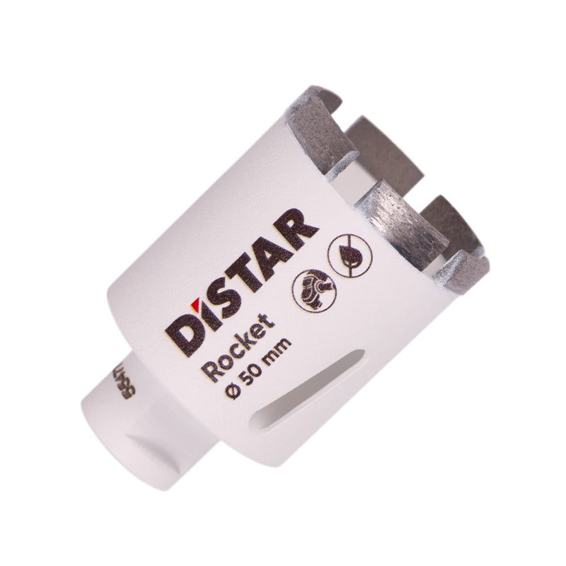 A white segmented diamond drill bit with the brand name Distar written on it.
