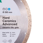 Diamond saw blade for hard ceramics with specifications on a white background