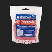 A 500-pack of Barwalt small wedge spacers in red and white, packaged in a clear plastic bag with a blue and red label, set against a solid black background.
