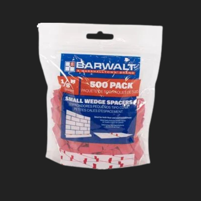 A 500-pack of Barwalt small wedge spacers in red and white, packaged in a clear plastic bag with a blue and red label, set against a solid black background.