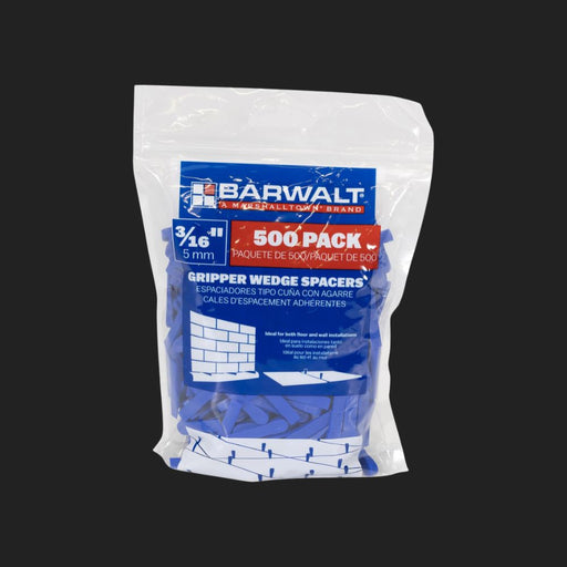 A 500-pack of Barwalt 3/16 in. 5 mm Gripper Wedge Spacers in a clear plastic bag with a blue and white label, set against a dark gray background.