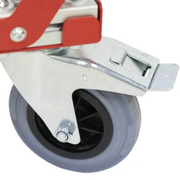 Close-up of Rubi Slab A-Frame Cart's non-marking 360-degree rubber wheels with brakes