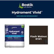 Bostik Hydroment Vivid grout packaging with color swatch labeled Flash Walnut H141 on a white background.