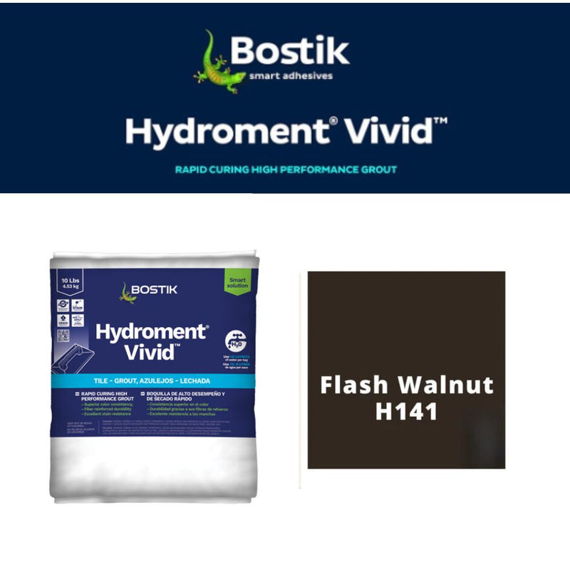 Bostik Hydroment Vivid grout packaging with color swatch labeled Flash Walnut H141 on a white background.