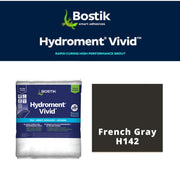 Bostik Hydroment Vivid grout packaging with color swatch labeled French Gray H142 on a white background.