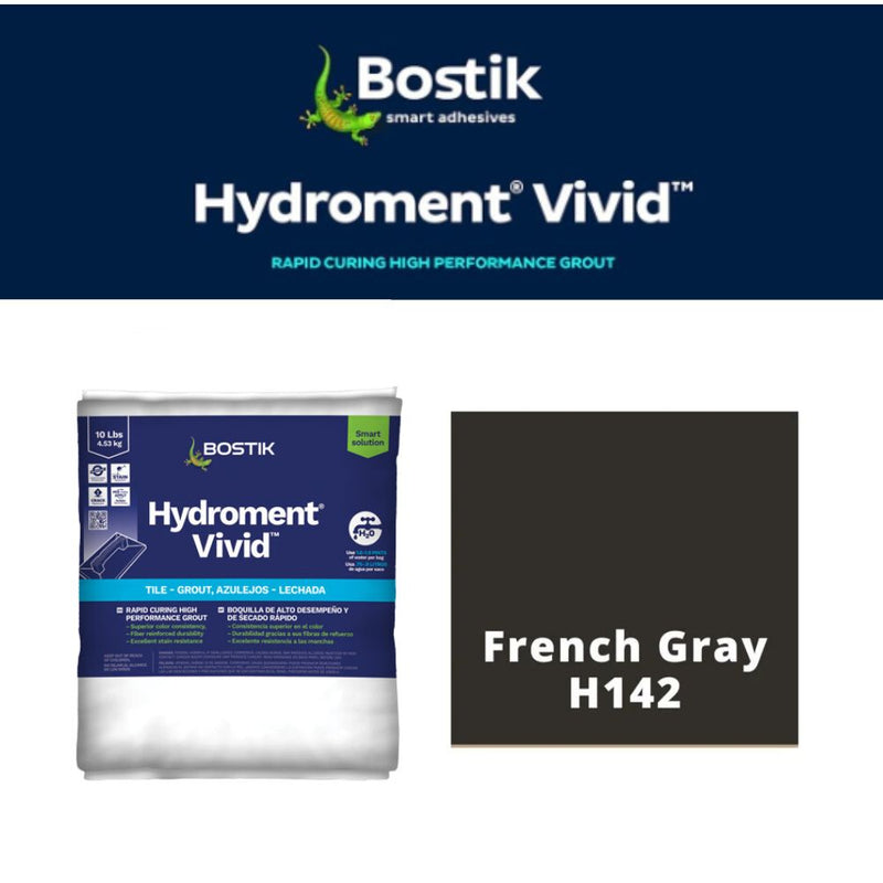 Bostik Hydroment Vivid grout packaging with color swatch labeled French Gray H142 on a white background.
