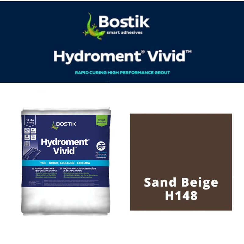 Bostik Hydroment Vivid grout packaging with color swatch labeled Sand Beige H148 on a white background