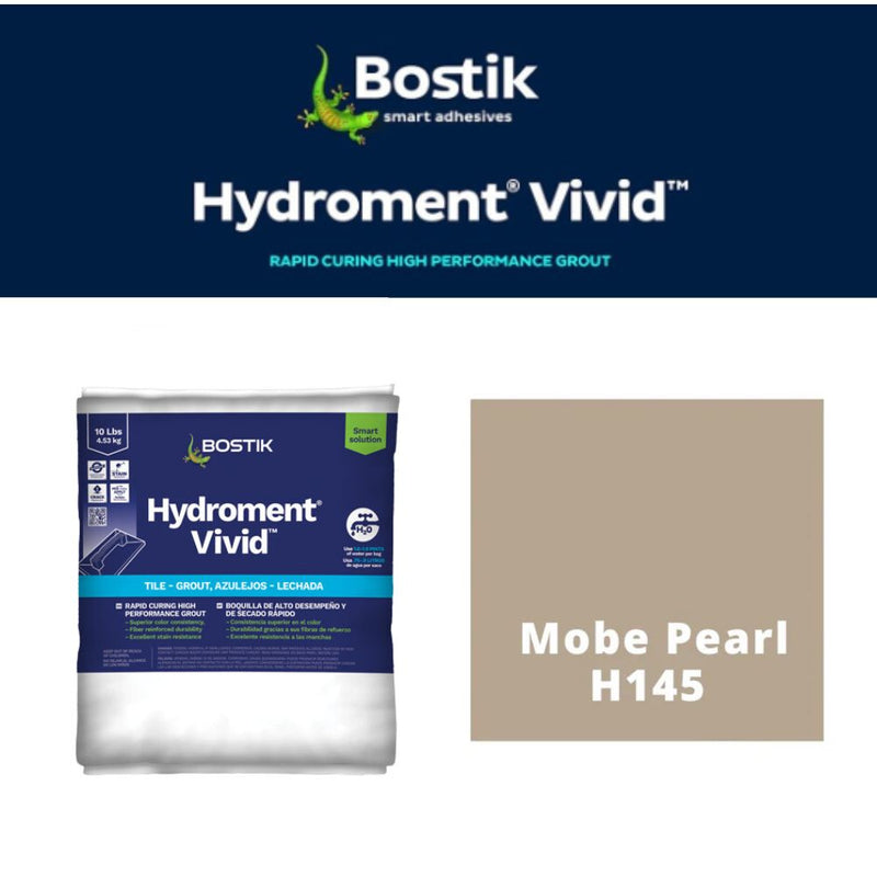 Bostik Hydroment Vivid grout packaging with Mobe Pearl H145 color swatch on a white background