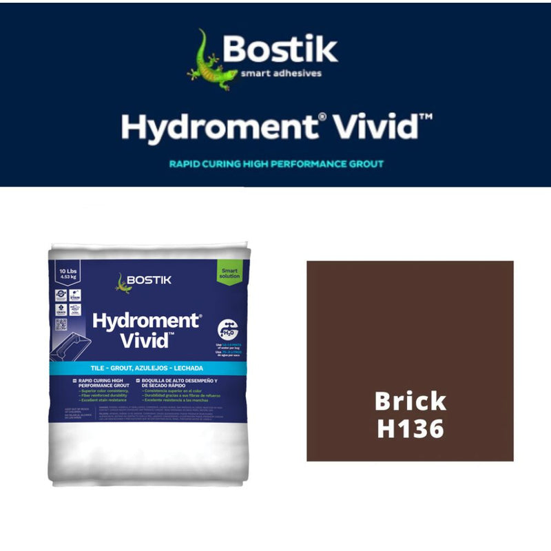 Bostik Hydroment Vivid grout packaging with color swatch for Brick H136 on a white background