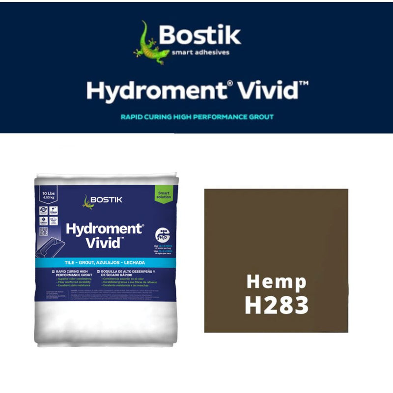 Bostik Hydroment Vivid grout packaging with Hemp H283 color swatch on a white background