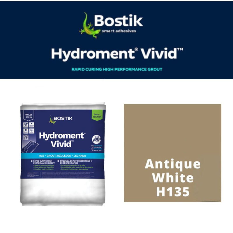 Bostik Hydroment Vivid grout packaging with color swatch labeled 'Antique White H135' on a white background.