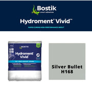 Bostik Hydroment Vivid grout packaging with color swatch labeled 'Silver Bullet H168' on a white background.