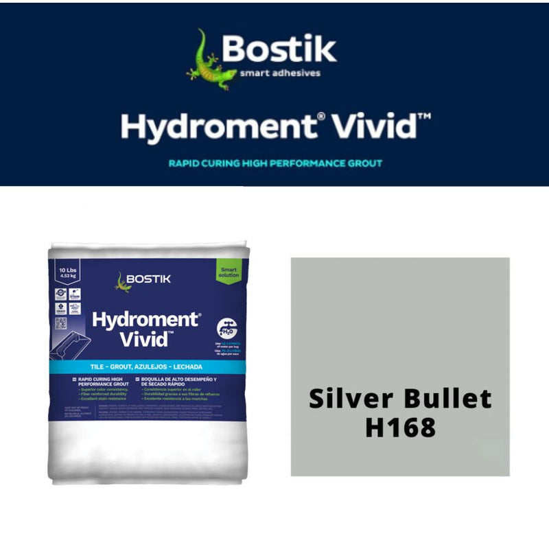 Bostik Hydroment Vivid grout packaging with color swatch labeled 'Silver Bullet H168' on a white background.