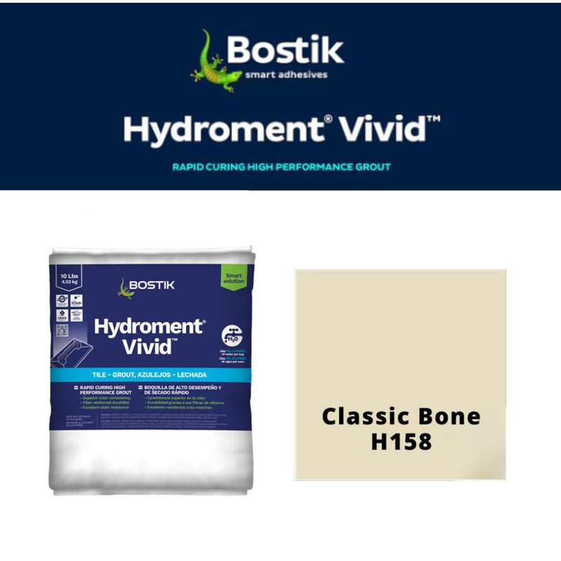 Bostik Hydroment Vivid grout packaging with color swatch labeled Classic Bone H158 on a white background