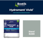 Bostik Hydroment Vivid grout packaging with color swatch labeled Steel H200 on a white background