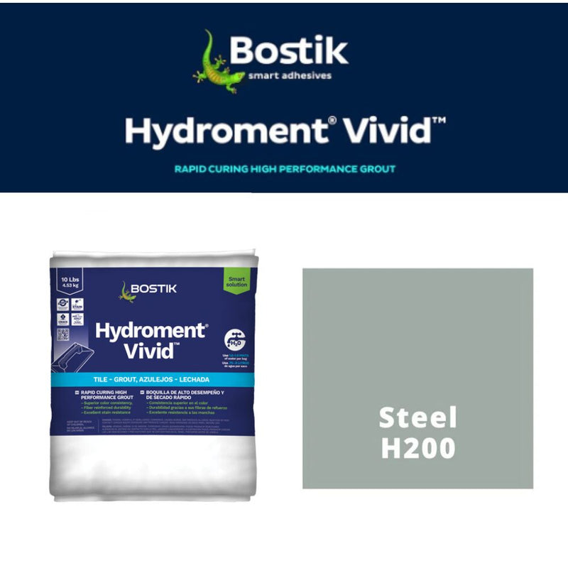 Bostik Hydroment Vivid grout packaging with color swatch labeled Steel H200 on a white background
