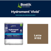 Bostik Hydroment Vivid grout packaging with color swatch for Latte H192 on a white background