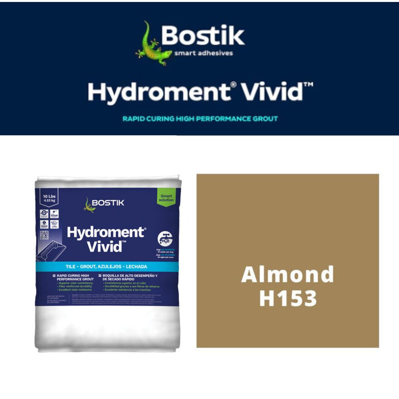 Bostik Hydroment Vivid grout packaging with color swatch labeled 'Almond H153' on a white background