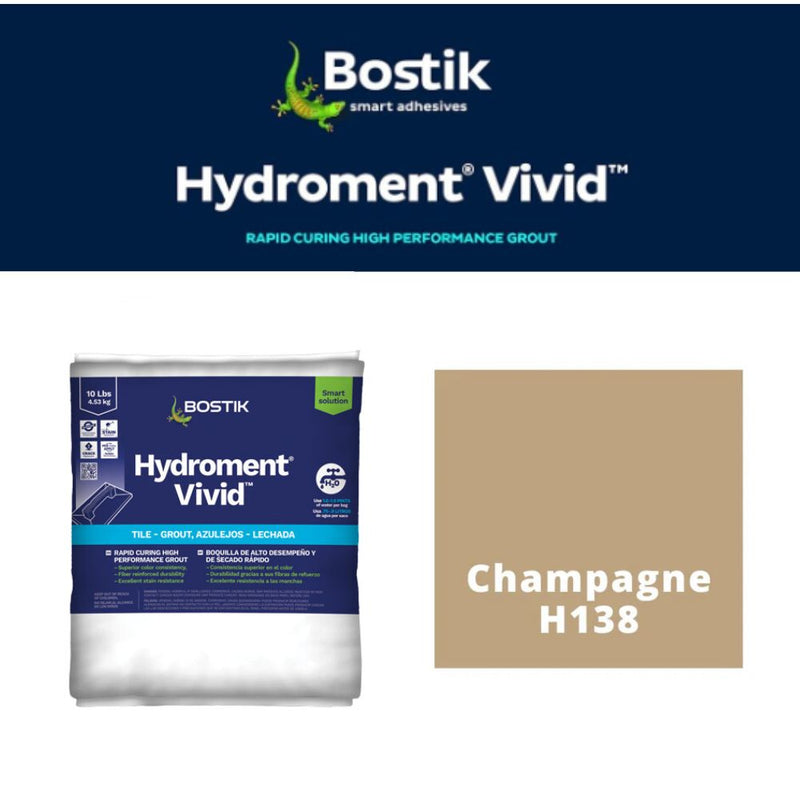 Bostik Hydroment Vivid grout packaging with color swatch labeled Champagne H138 on a white background