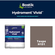 Bostik Hydroment Vivid grout packaging with a sample color swatch labeled Taupe H151 on a white background.