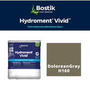 Bostik Hydroment Vivid grout packaging with DoloreanGray color swatch on a white background