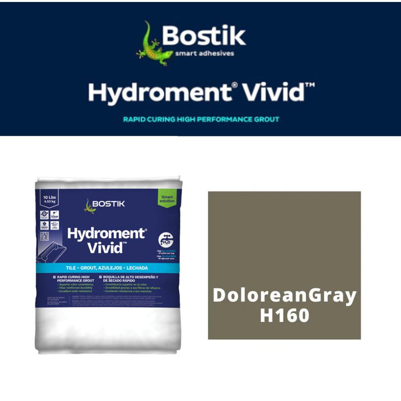 Bostik Hydroment Vivid grout packaging with DoloreanGray color swatch on a white background