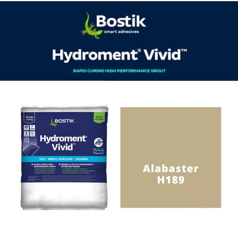 Bostik Hydroment Vivid grout packaging with color swatch labeled Alabaster H189 on a white background