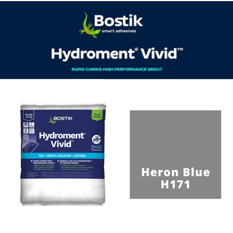 Bostik Hydroment Vivid grout packaging with Heron Blue color swatch on a white background