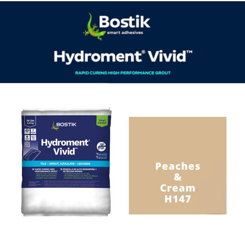 Bostik Hydroment Vivid grout packaging with color swatch labeled 'Peaches & Cream H147' on a white background.