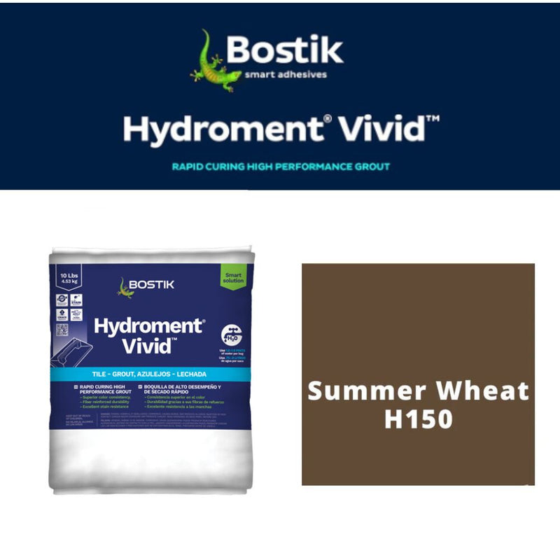Bostik Hydroment Vivid grout packaging with Summer Wheat H150 color swatch on a white background