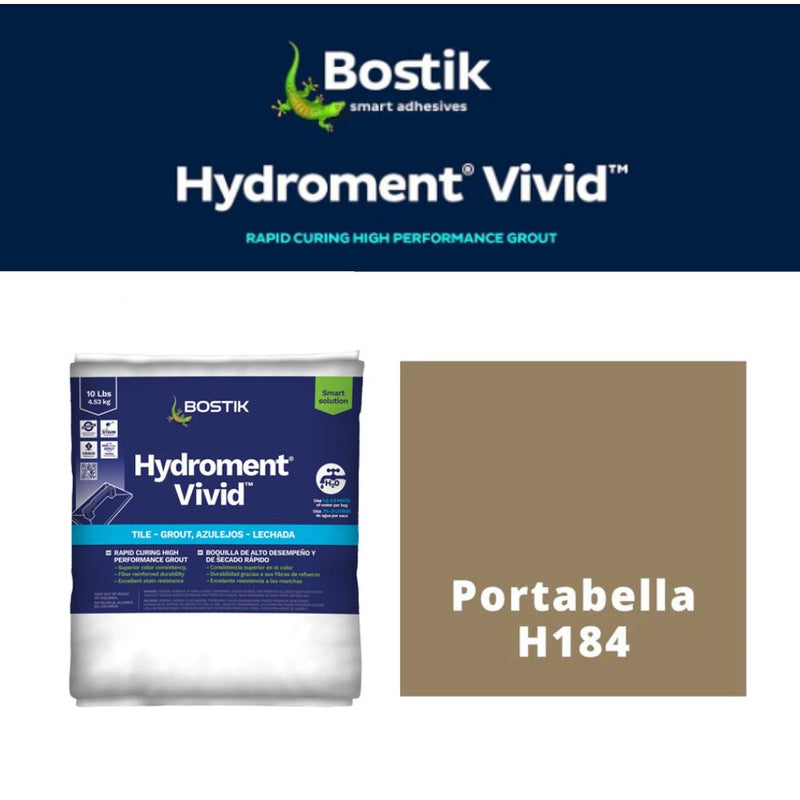 Bostik Hydroment Vivid packaging with Portabella H184 color swatch on a white background